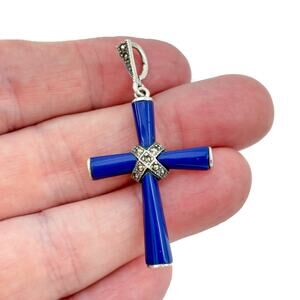 Vintage Sterling Silver 925 Blue Enamel Marcasite Cross Pendant